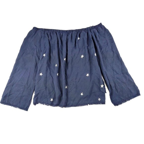 Bella Dahl Navy Star Print Frayed Off Shoulder Blouse Size M NWT - Picture 3 of 8